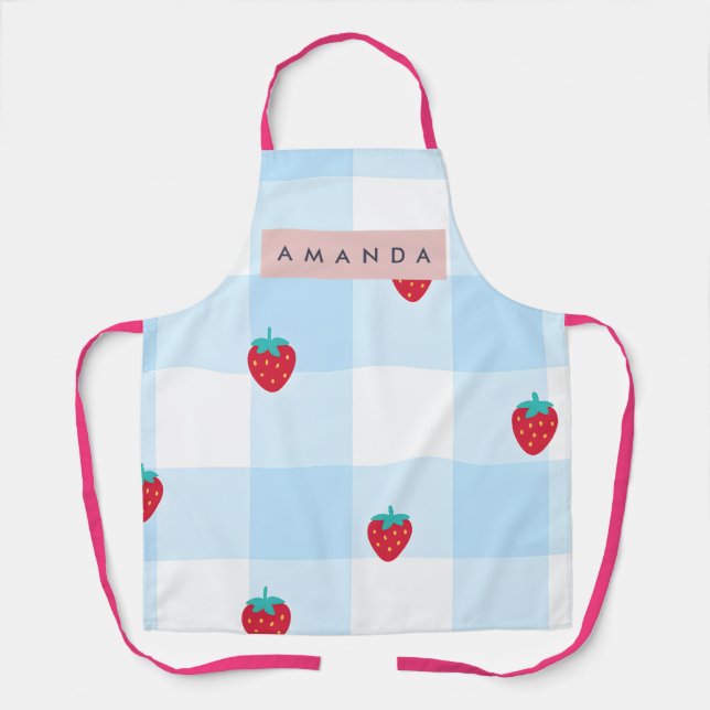 Personalisiertes Süßes Erdbeer Gingham Blau Schürze (Vorderseite)