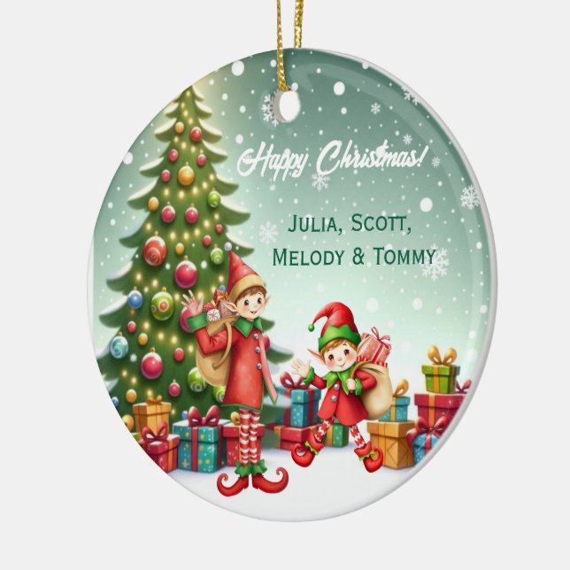 Personalisiertes süßes kleines Elf-Christnachtsfot Keramik Ornament (Links)