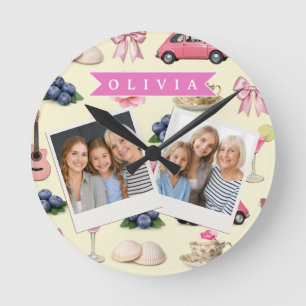 Personalisiertes Süßes Koketten-Rosa-Koktailband Runde Wanduhr