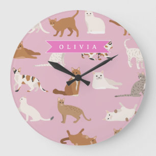 Personalisiertes süßes rosa Katzenmuster-Geschenk  Große Wanduhr