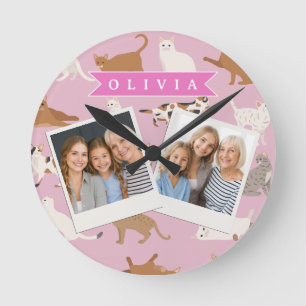 Personalisiertes süßes rosa Katzenmuster-Geschenk Runde Wanduhr