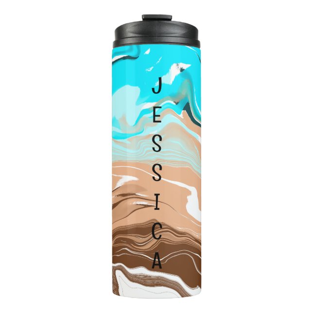 Personalisiertes Tan zu Blue Ombre Fluid Art Thermosbecher (Vorderseite)