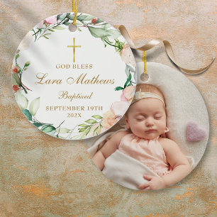 Personalisiertes Tauf-Foto Rosen Blumen für Jungen Keramik Ornament