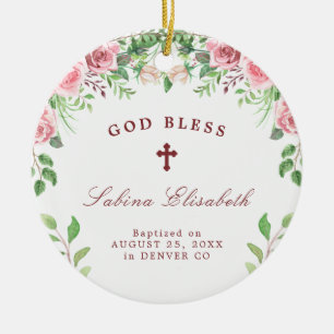 Personalisiertes Taufbild Mädchen mit rosa Rosen Keramik Ornament