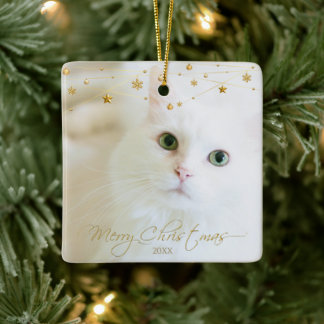 Personalisiertes Tier Foto Goldene Weihnachtsschri Keramikornament