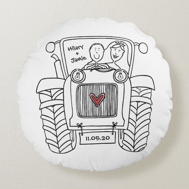 Personalisiertes Traktor-Landhaus Hochzeitskissen Rundes Kissen (Vorderseite)