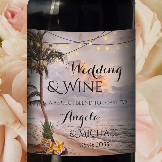 Personalisiertes Tropical Beach Wedding Wine Label Weinetikett (Von Creator hochgeladen)