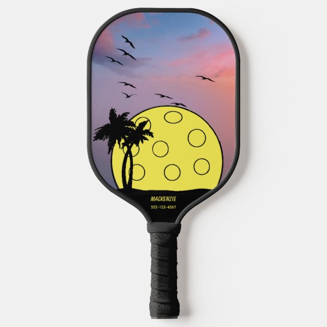 Personalisiertes Tropical Palm Tree Ball Name Tele Pickleball Schläger (Vorderseite)