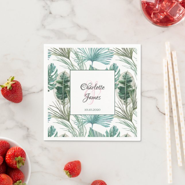 Personalisiertes tropisches Hochzeitspalmenmuster Serviette (Beispiel)