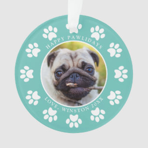 Personalisiertes Türkis Happy Pawlidays Hunde-Foto Ornament