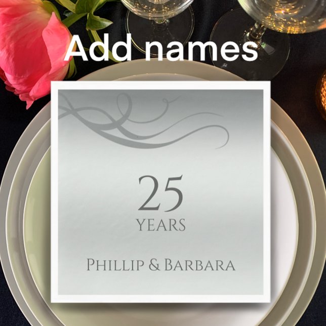 Personalisiertes und modernes Party zum 25-jährige Serviette (Add couple’s names for personalized silver gradient 25th wedding anniversary napkins. Unique modern.)