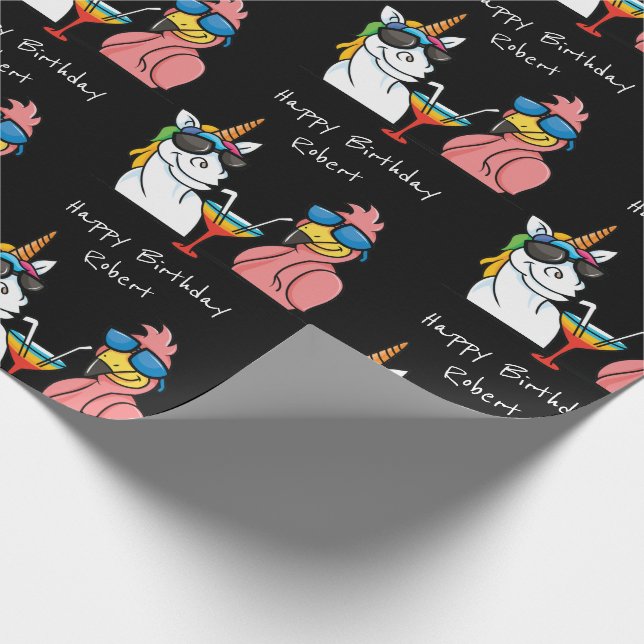 Personalisiertes Unicorn & Flamingo Cocktail Party Geschenkpapier (Ecke)