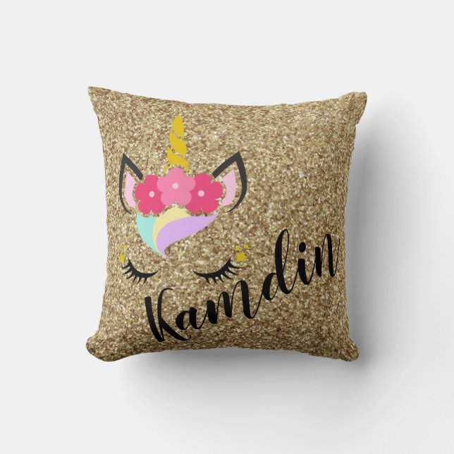 Personalisiertes Unicorn Gold Glitzer Kissen (Vorderseite)