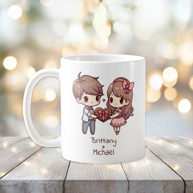 Personalisiertes Valentinisches Paar im Chibi-Stil Kaffeetasse (Cute Personalized Chibi-style Valentine Couple mug)