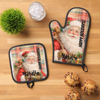 Personalisiertes verstaubtes Roter Weihnachtsmann Ofenhandschuh & Topflappen-Set
