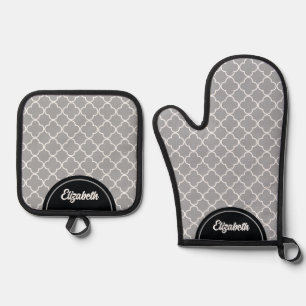 Personalisiertes Vierblättergraues weißes Muster Ofenhandschuh & Topflappen-Set