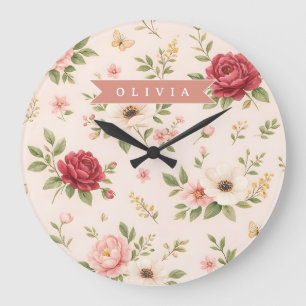 Personalisiertes Vintage-Blumen-Romantisches Namen Große Wanduhr