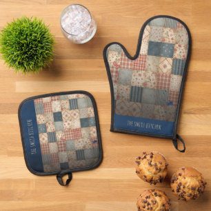 Personalisiertes Vintage-Patchwork-Familienküche Ofenhandschuh & Topflappen-Set