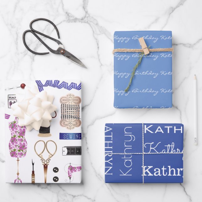 Personalisiertes Vintages Nähen Geschenkpapier Set (Vorderseite)