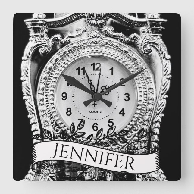 Personalisiertes Vintages Silber Quadratische Wanduhr (Vorderseite)