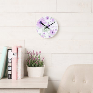 Personalisiertes Violett Grün, Aquarell Blume Runde Wanduhr