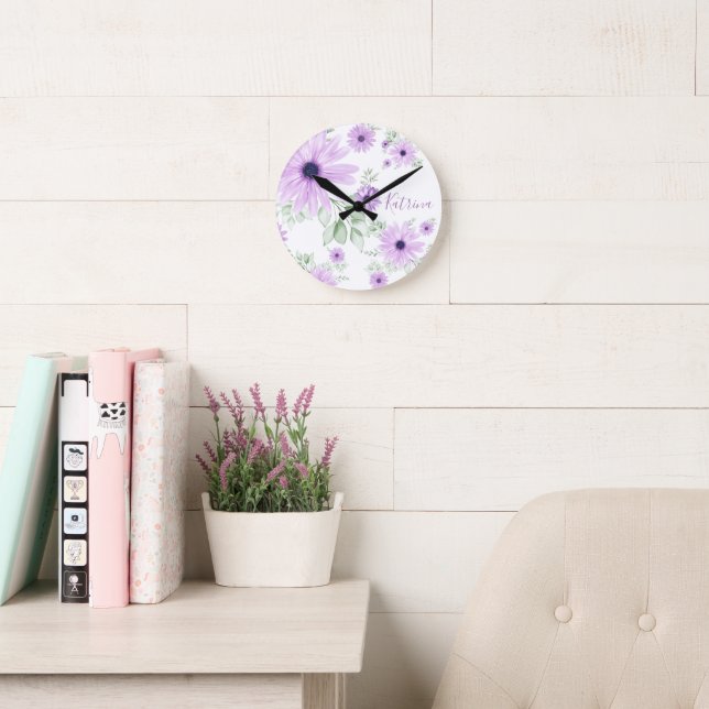 Personalisiertes Violett Grün, Aquarell Blume Runde Wanduhr (Lesesaal)