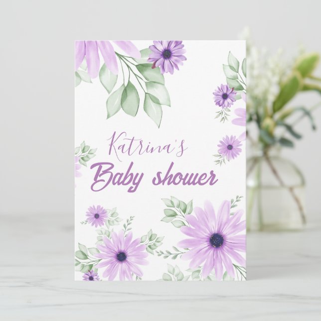 Personalisiertes Violett Wasserfarbfloral Magnesiu Einladung (Stehend Vorderseite)