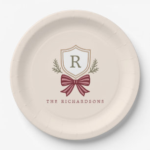 Personalisiertes Wappen Bow Monogram Weihnachts-Pa Pappteller