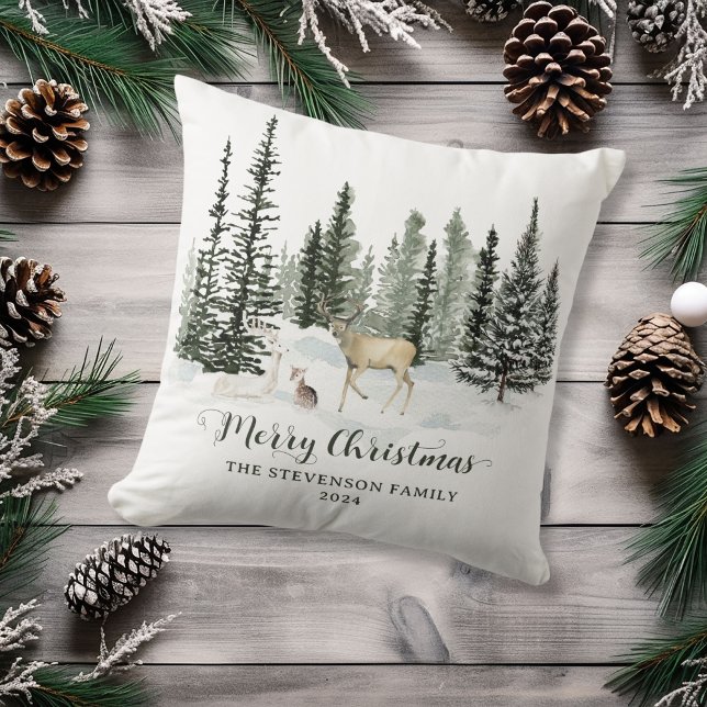 Personalisiertes Watercolor Woodland Frohe Weihnac Kissen (Personalized Watercolor Woodland Merry Christmas Throw Pillow)