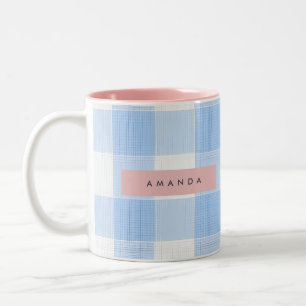 Personalisiertes weiches pastell Himmelblau Gingha Zweifarbige Tasse