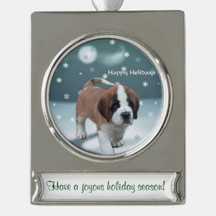 Personalisiertes Weihnachten Bernhardiners Banner-Ornament Silber