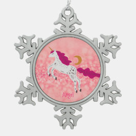 Personalisiertes Weihnachten Rosa Glitzer Einhorn Schneeflocken Zinn-Ornament