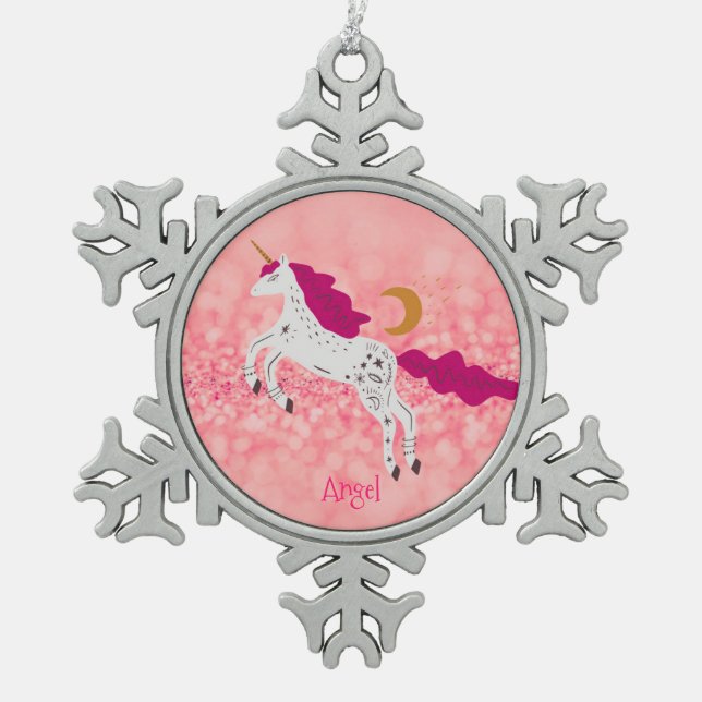 Personalisiertes Weihnachten Rosa Glitzer Einhorn Schneeflocken Zinn-Ornament (Vorderseite)