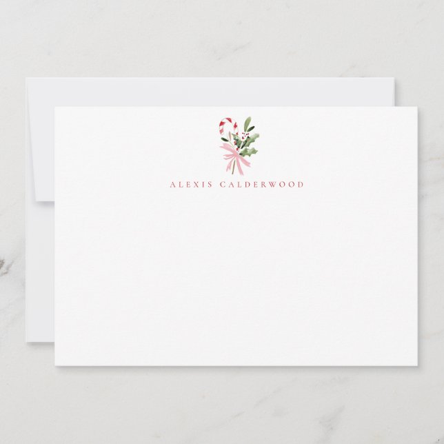 Personalisiertes Weihnachts-Candy Cane Holly & Bow Mitteilungskarte (Vorderseite)