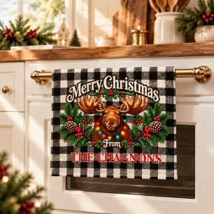 Personalisiertes Weihnachts-Elch-Schwarz-Weiß-Kari Geschirrtuch