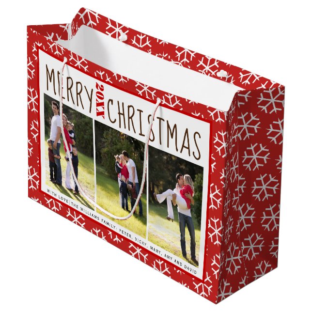 Personalisiertes Weihnachts-Schneeflocken-Foto Große Geschenktüte (Vorderseite Schrägansicht)