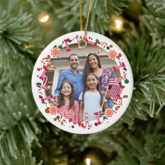 Personalisiertes Weihnachtsbonbon-Rahmenfoto Keramik Ornament