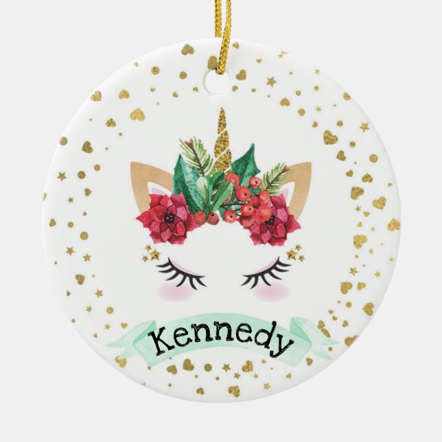 Personalisiertes Weihnachtsfest Einhorn Weihnachts Keramik Ornament (Vorne)