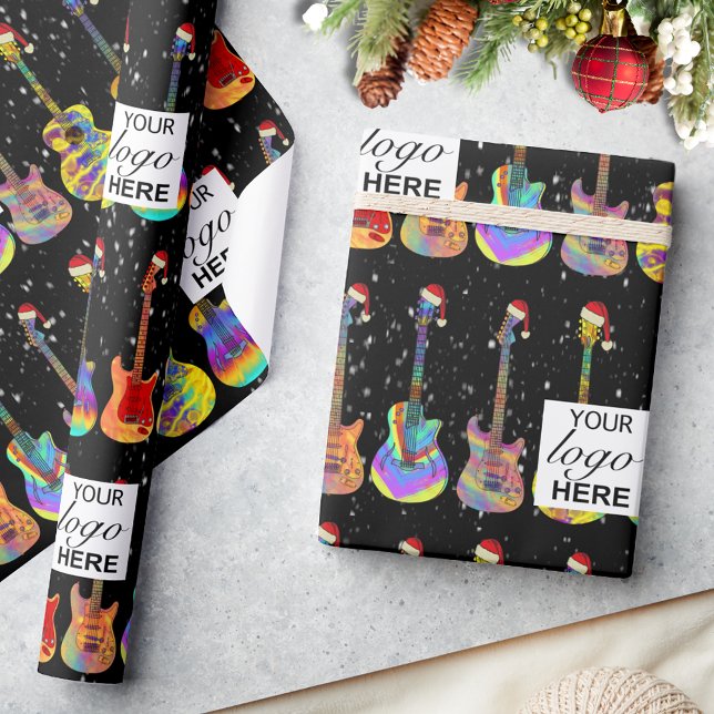 Personalisiertes Weihnachtsgitarrist-Logo Geschenkpapier (Personalized Guitar Christmas business logo Colorful psychedelic guitar pattern)