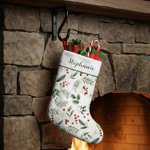 Personalisiertes Weihnachtsgrün & rote Beeren Großer Weihnachtsstrumpf