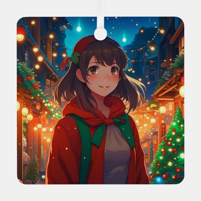 Personalisiertes Weihnachtslicht Anime Girl Ornament Aus Metall (Vorderseite)