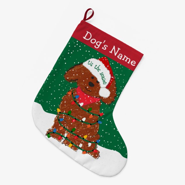 Personalisiertes Weihnachtslicht Rotes Goldendoodl Großer Weihnachtsstrumpf (Vorderansicht (hängend))