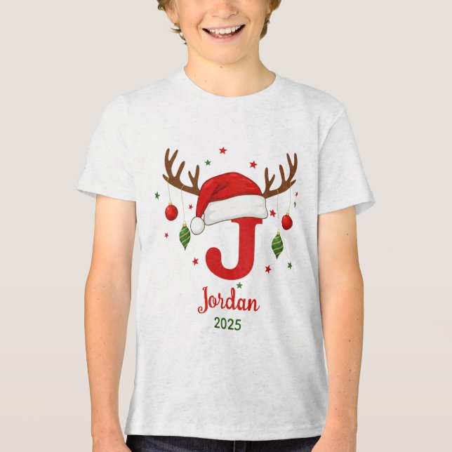 Personalisiertes Weihnachtsmonogramm J Santa Hut Tri-Blend Shirt (Vorderseite)