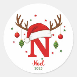 Personalisiertes Weihnachtsmonogramm N Santa Hut Runder Aufkleber