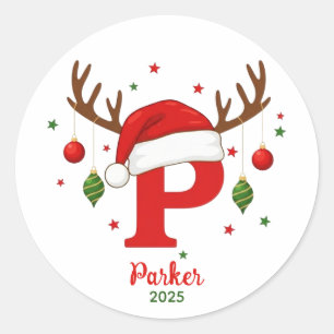 Personalisiertes Weihnachtsmonogramm P Santa Hut Runder Aufkleber