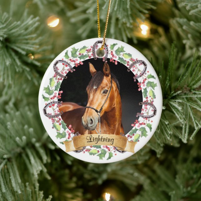 Personalisiertes Weihnachtspferd-Foto Keramik Ornament (Baum)