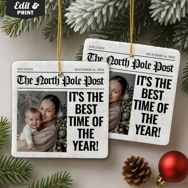 Personalisiertes Weihnachtszeitungs-Foto Keramikornament (Personalized Christmas Newspaper Photo Ceramic Ornament)