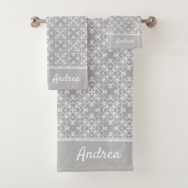 Personalisiertes weiß-graues Muster Badhandtuch Set (Insitu)
