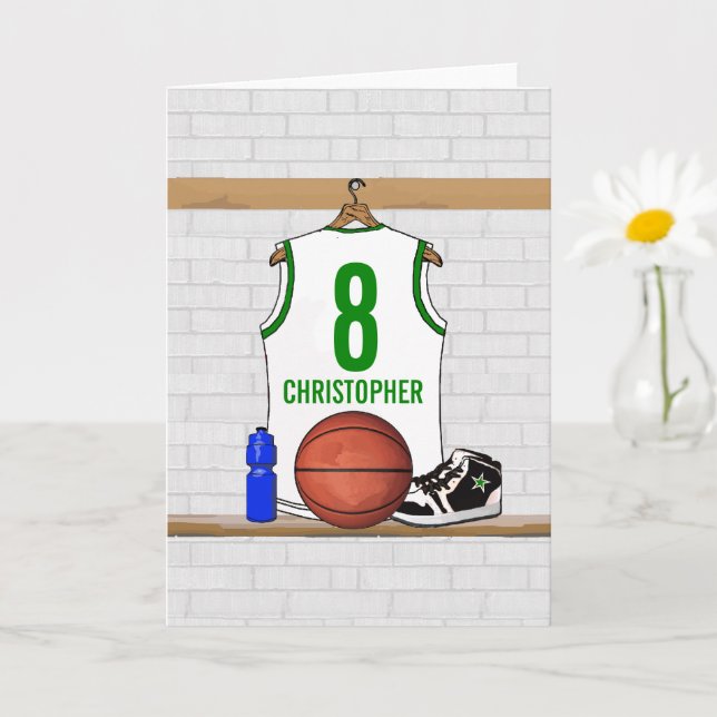 Personalisiertes Weiß und Grüne Basketball Jersey Karte (Kleine Pflanze)