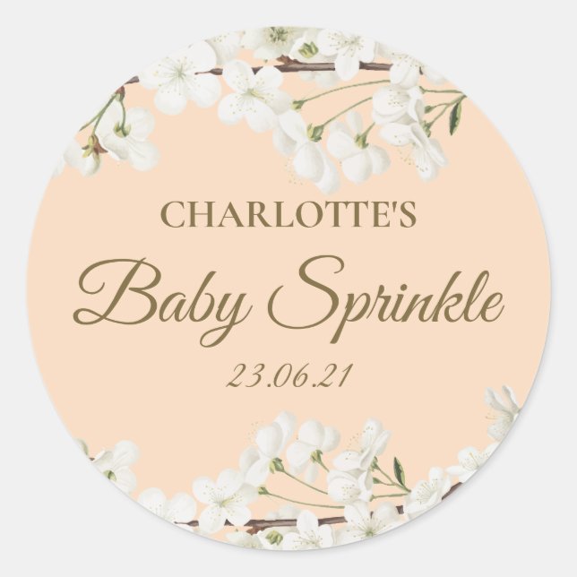 Personalisiertes weißes Blossom Baby Sprinkle Runder Aufkleber (Vorderseite)